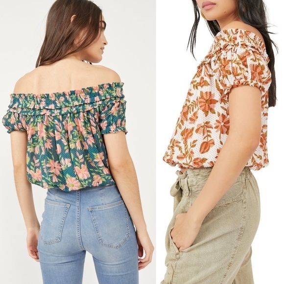 NWT FREE PEOPLE 70s Smocked Off Shoulder Floral Short Sleeve Blouson Crop Top S - Picture 8 of 11